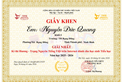 SÂN CHƠI “TRẠNG NGUYÊN TIẾNG VIỆT” VINH DANH HỌC SINH ĐẠT THÀNH TÍCH TẠI VÒNG THI HƯƠNG TRƯỜNG TIỂU HỌC RẠNG ĐÔNG